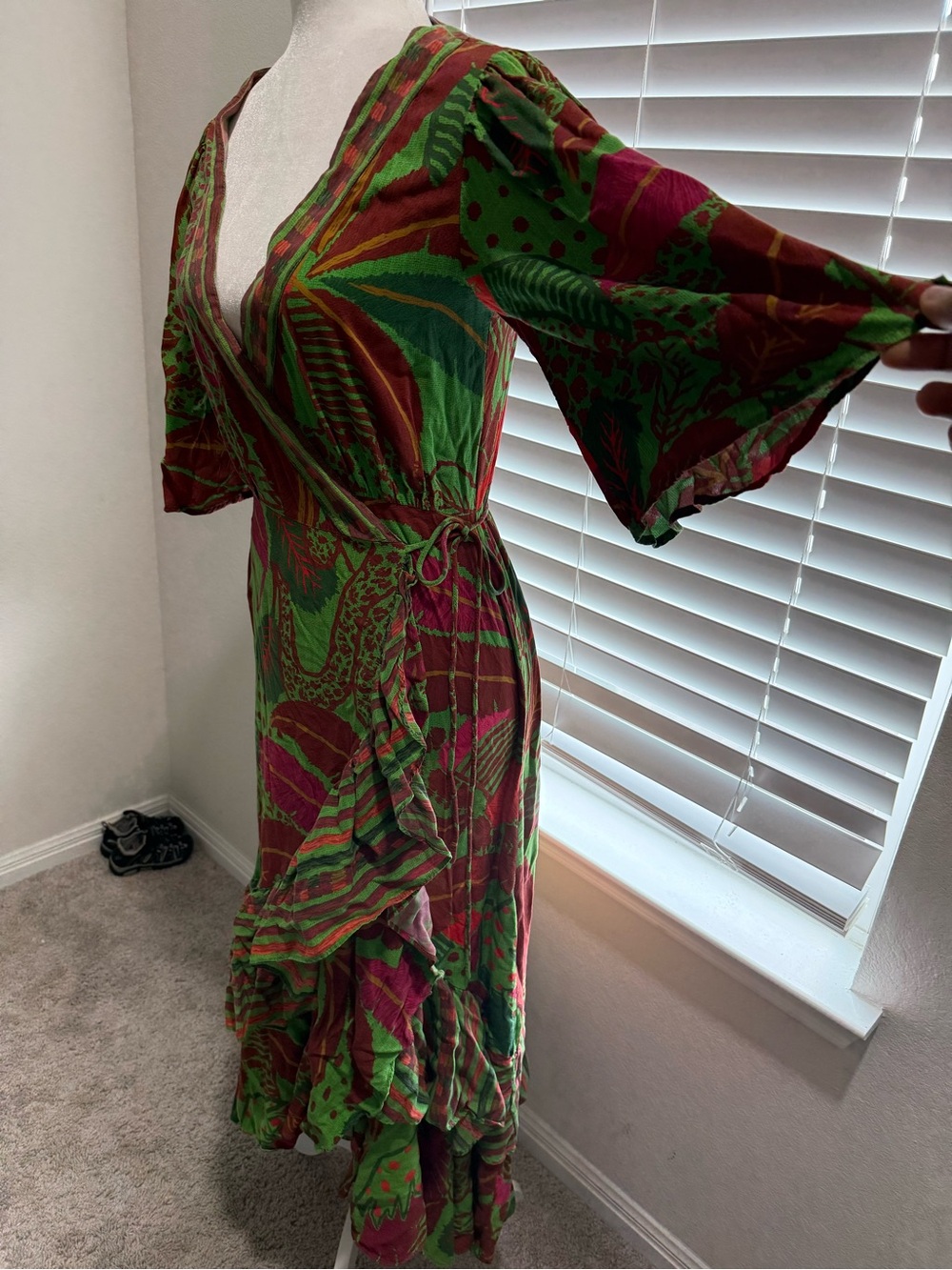 Farm Rio Tropical Floral Wrap Dress in Green & Red - Picture 6 of 11